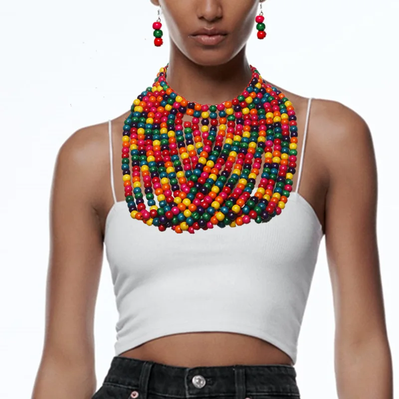 

African style wood bead fringed multi-layer necklace set exaggerated banquet jewelry Necklace