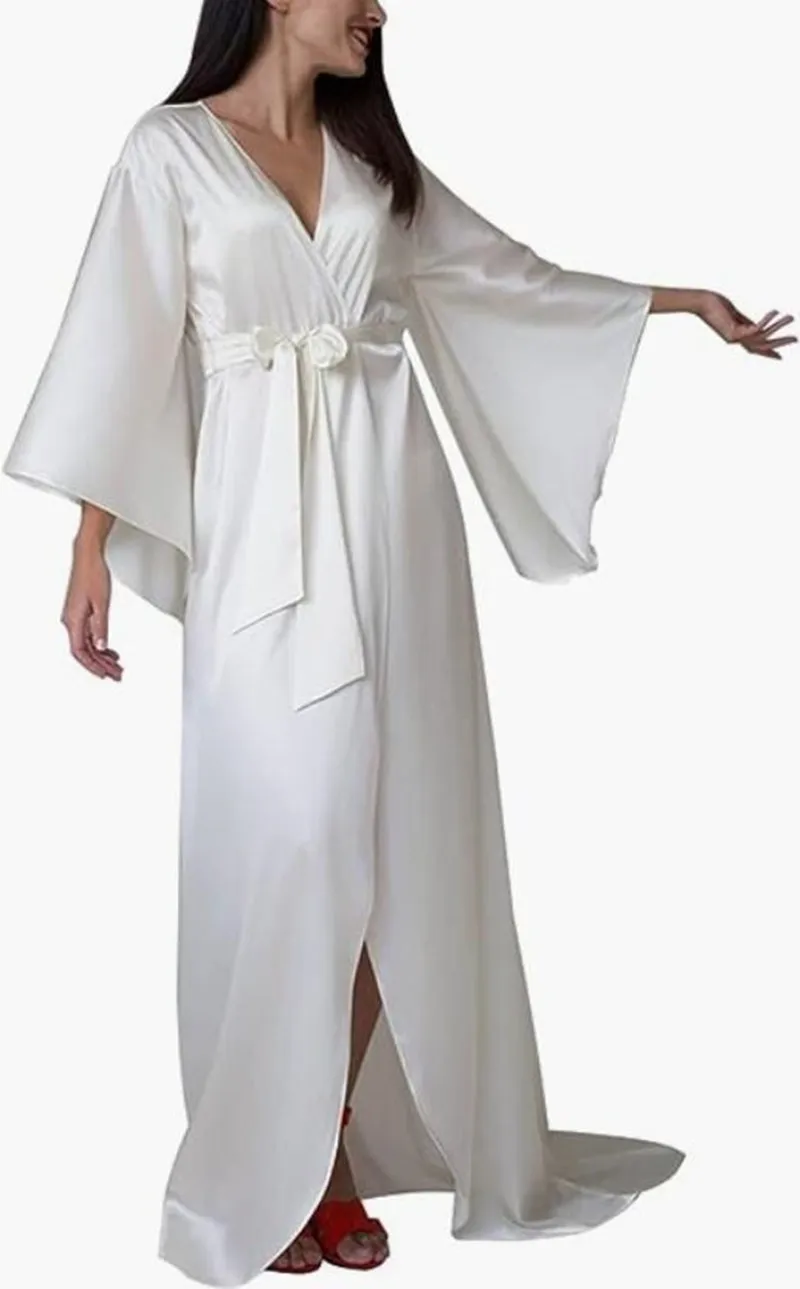White Women's Wedding Wraps Kimono Robe Long Satin Bathrobe Soft Sleepwear with Lace Trim Silky Nightgown Bridal Robe
