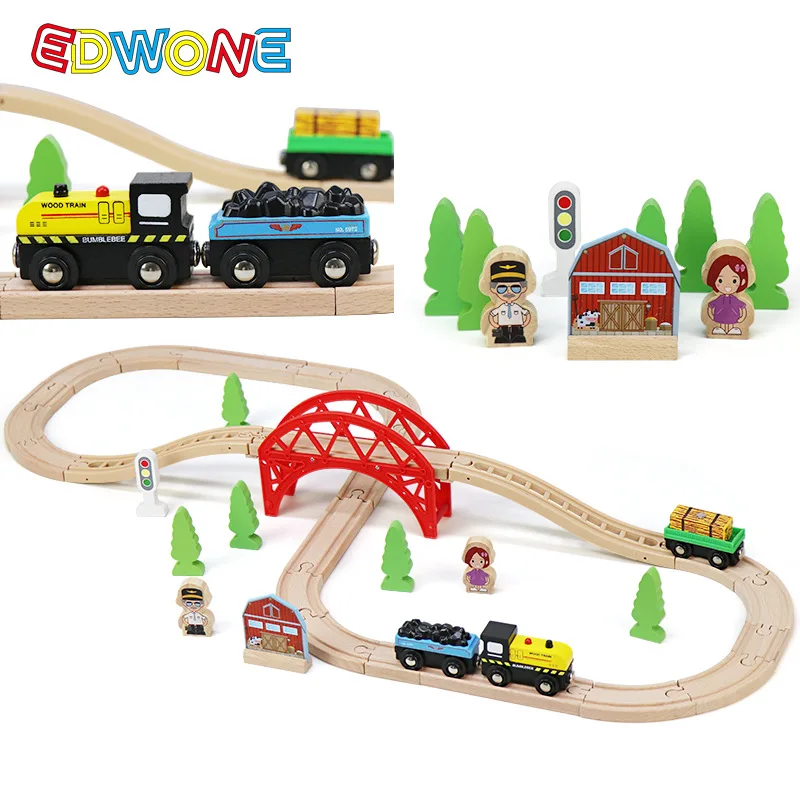 

NEW 39PCS/Set Red Bridge Beech Wood Train Track DIY Railway Tracks Fit for Biro All Brands Wooden Railway Track Toys for Kids