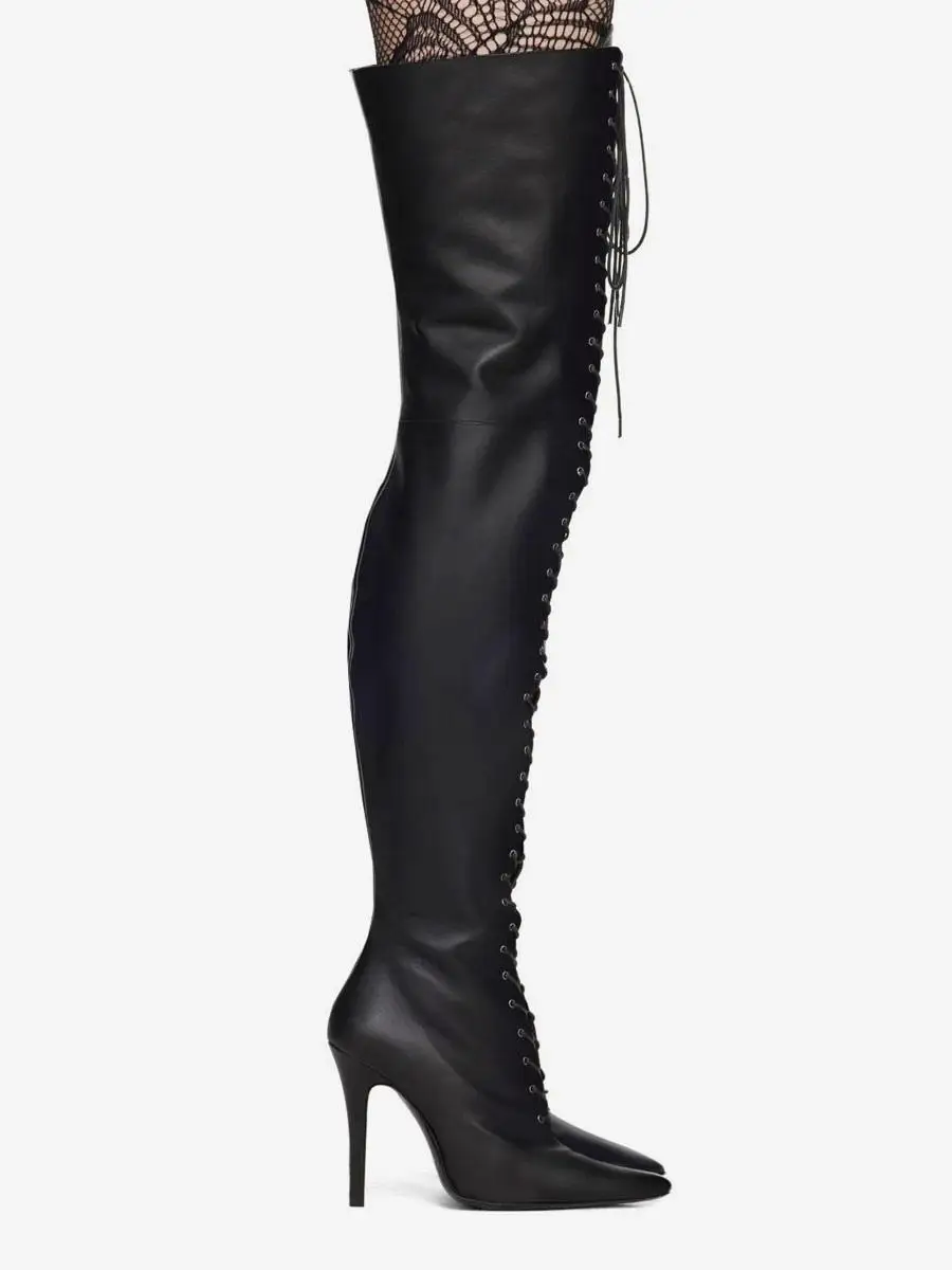 2024 Women Sexy Over The Knee Boots Sexy Fashion Lace Up  High Heel Thigh Boots Black Ladies Long Boot 44