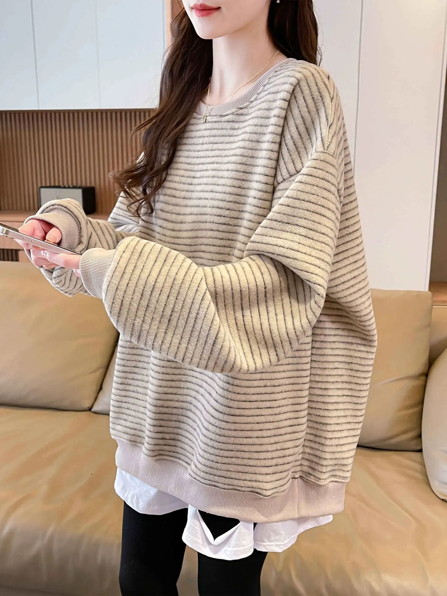 Women's Fleece Lined Thickened Stripe Hoodless Sweatshirt Loose Lazy Style Top Coat for Autumn Winter Cotton Polyester Blend