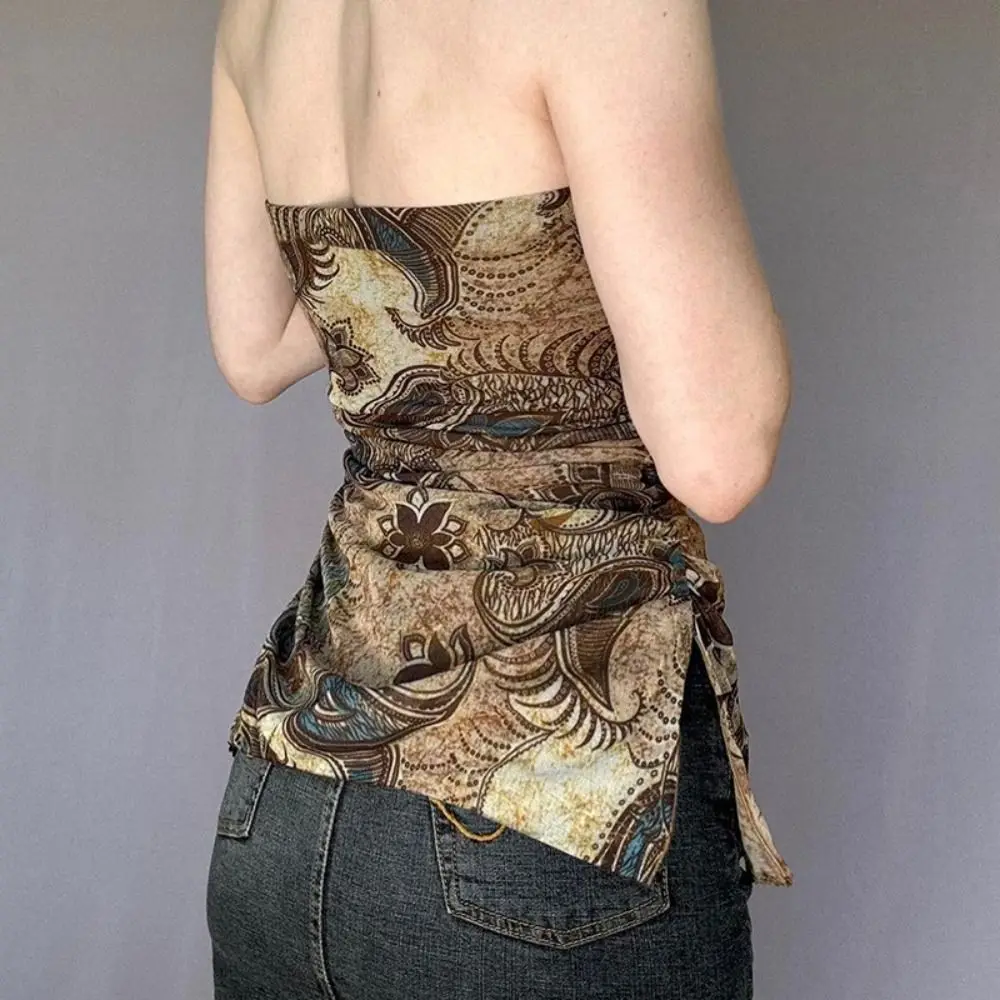 

Brown Cashew Flowers Vintage Strapless Vest Slim Fit Retro Tight Tube Tops Women Thin Base Shirt Printing Camisole Summer