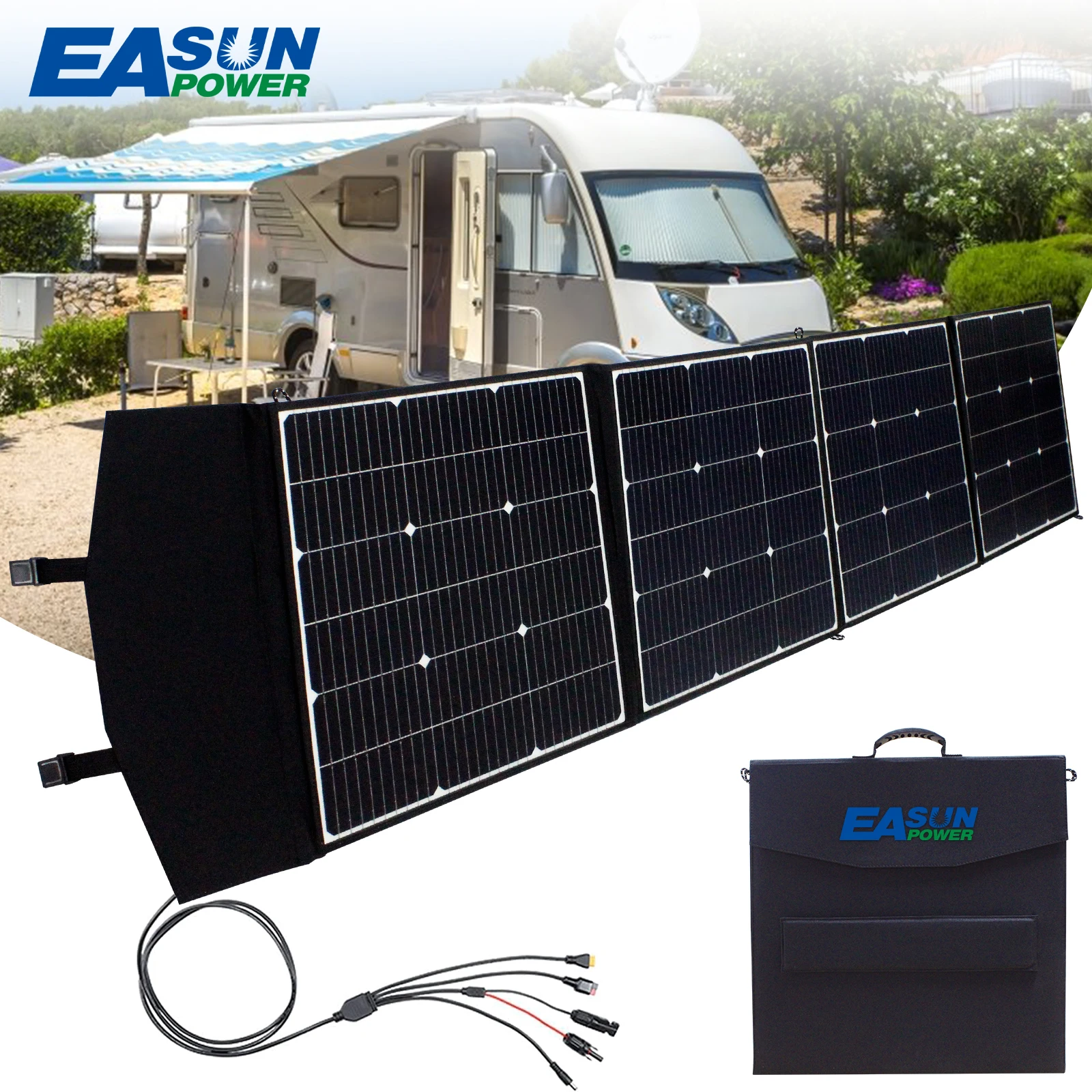 Easun Power 160W Foldable 4-Fold  Portable Solar Panel 18V DC USB Output Solar Charger Full Time Power Supply for Power Station Off Grid Home Outdoor Use US Warehouse Stock