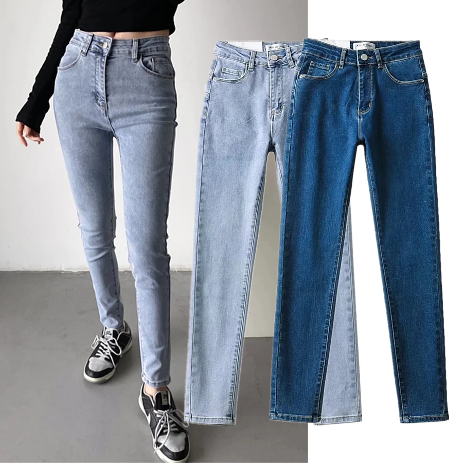 

Withered vintage AA Style High Waist Supper Skinny Jeans Women England Style Washed Blue Push Up Pencil Jeans Women