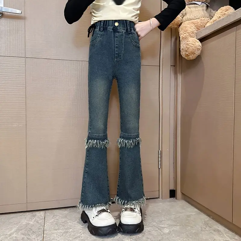 Girl's Super Soft Slim Fit Bell-Bottom Jeans 2025 Spring New Trendy Fringed Hem Student Style Jeans