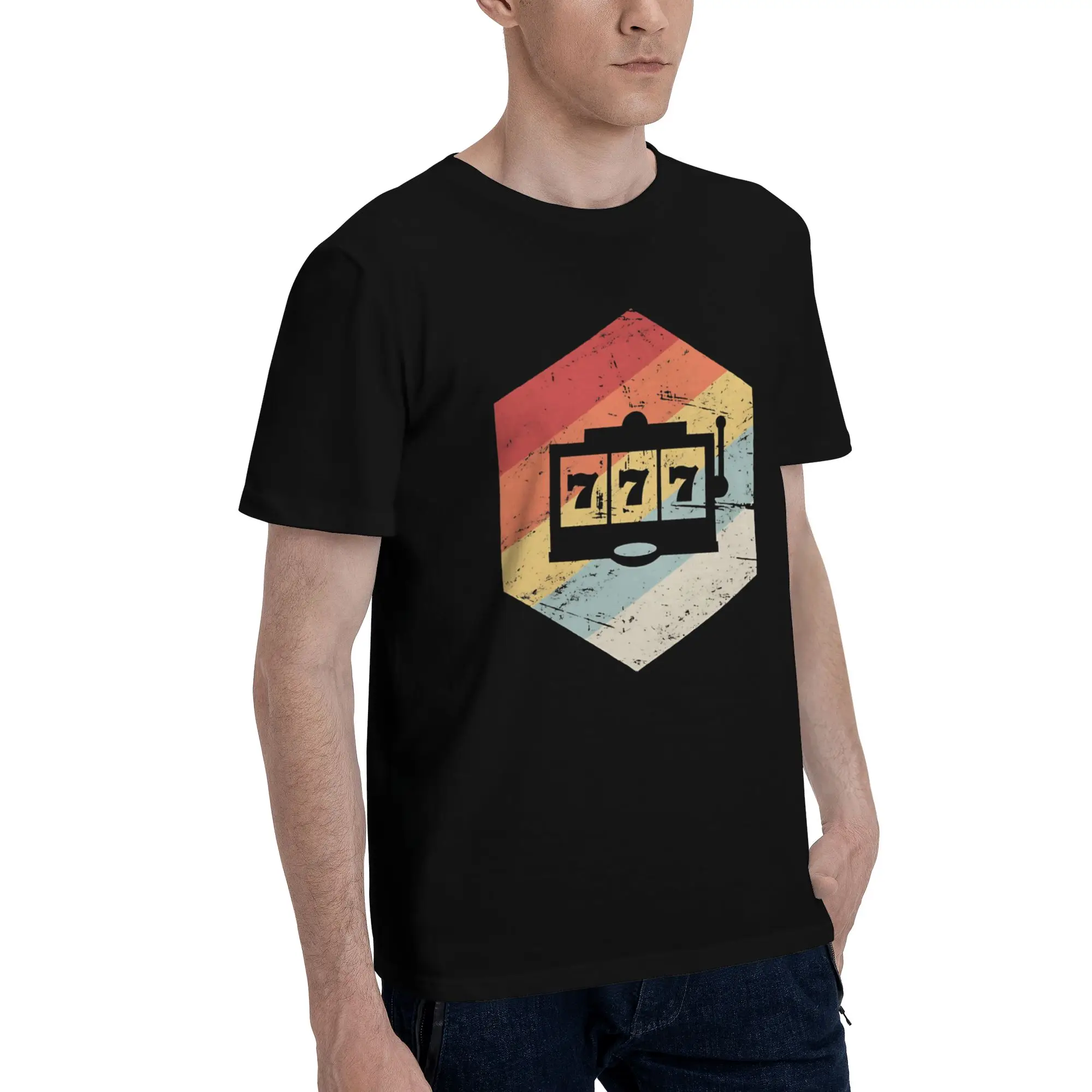Retro Vintage Slot Machine  Men T Shirt 777 Lucky Novelty Tees Short Sleeve Round Neck Cotton Birthday Present Clothing T-Shirt