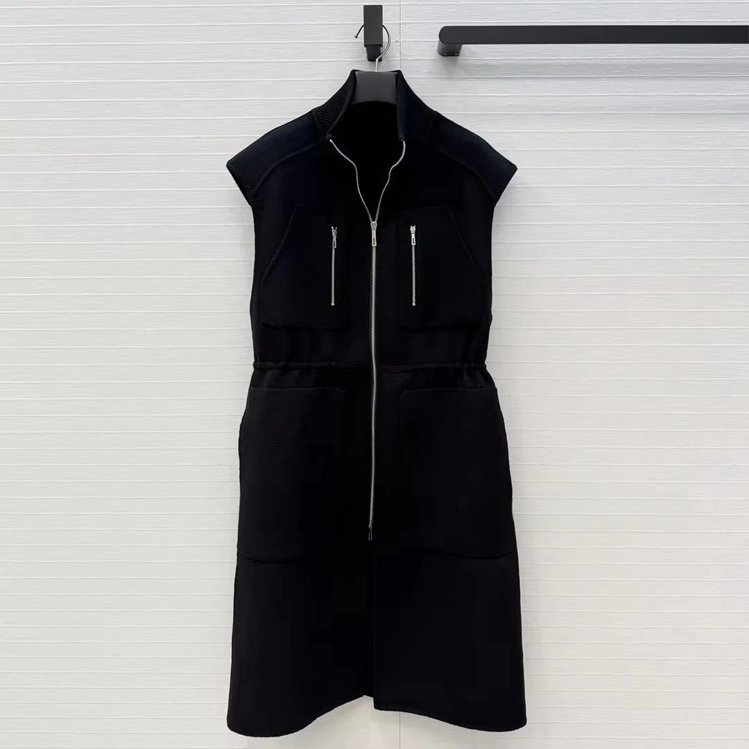 Top Quality Winter Double Sided Woolen Tank Coat Women Mock Neck Sleeveless Zipper Pockets Drawstring Waist Fashion Long Vest