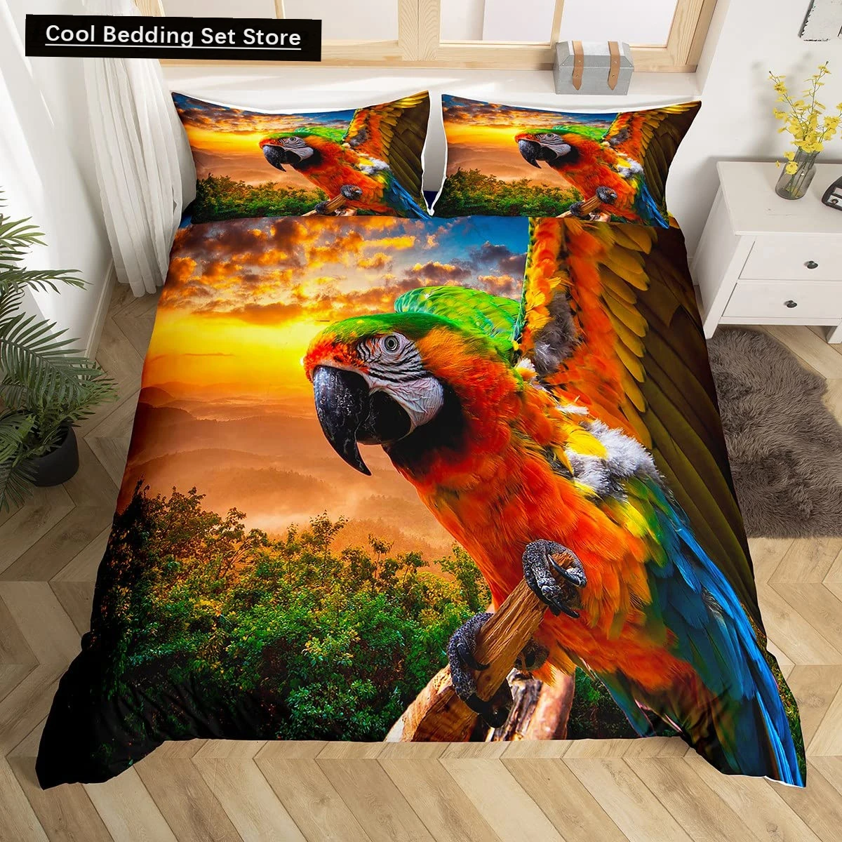 

Parrot King Queen Duvet Cover Colourful Feather Bedding Set Rain Trees Bird Quilt Cover Sunset Mountain Natural Comforter Cover