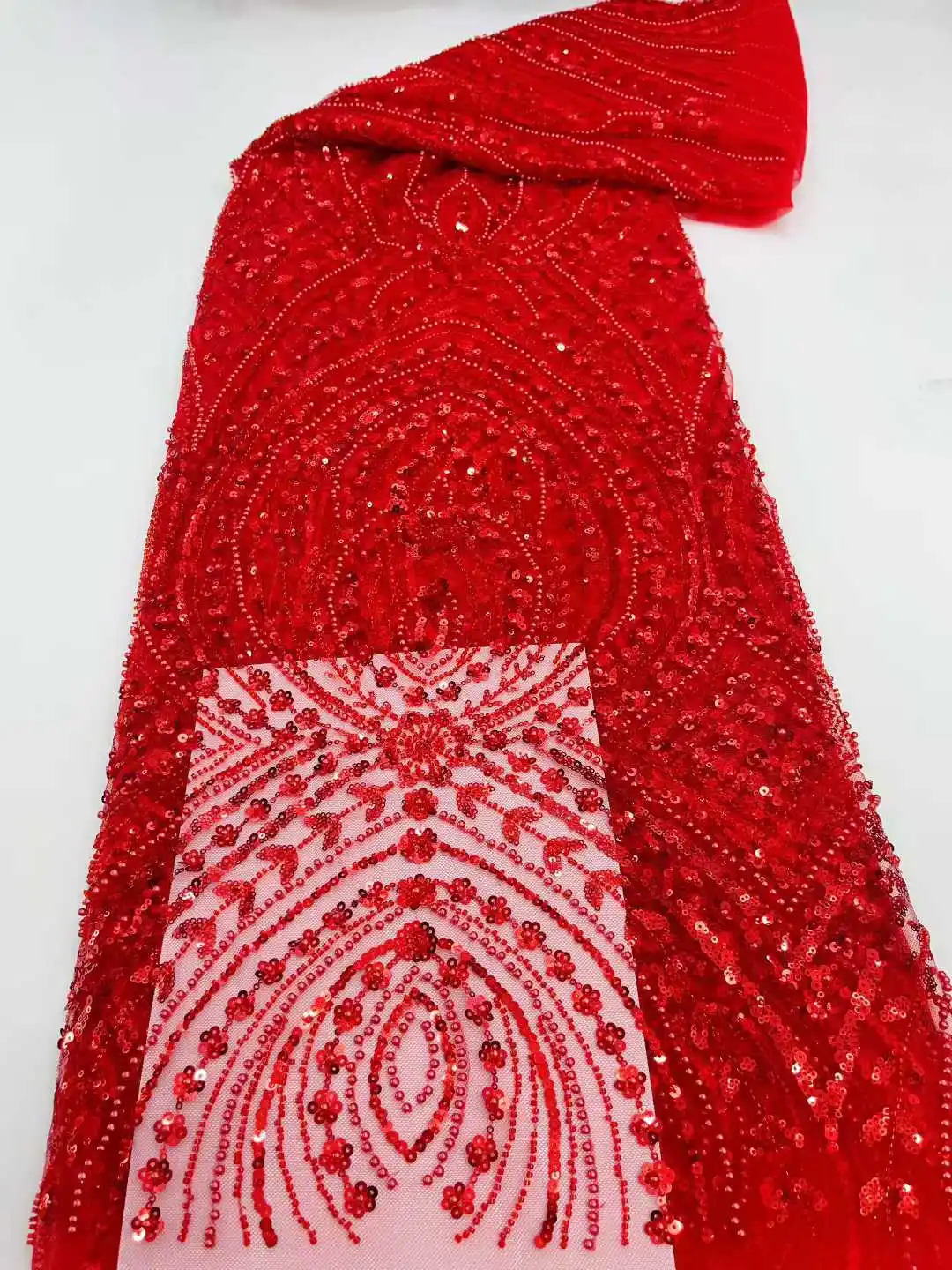 

Latest French Mesh Lace Beads Fabric High Quality African Nigerian Tulle Mesh Lace Luxury Wedding Dresses For Women,5yards