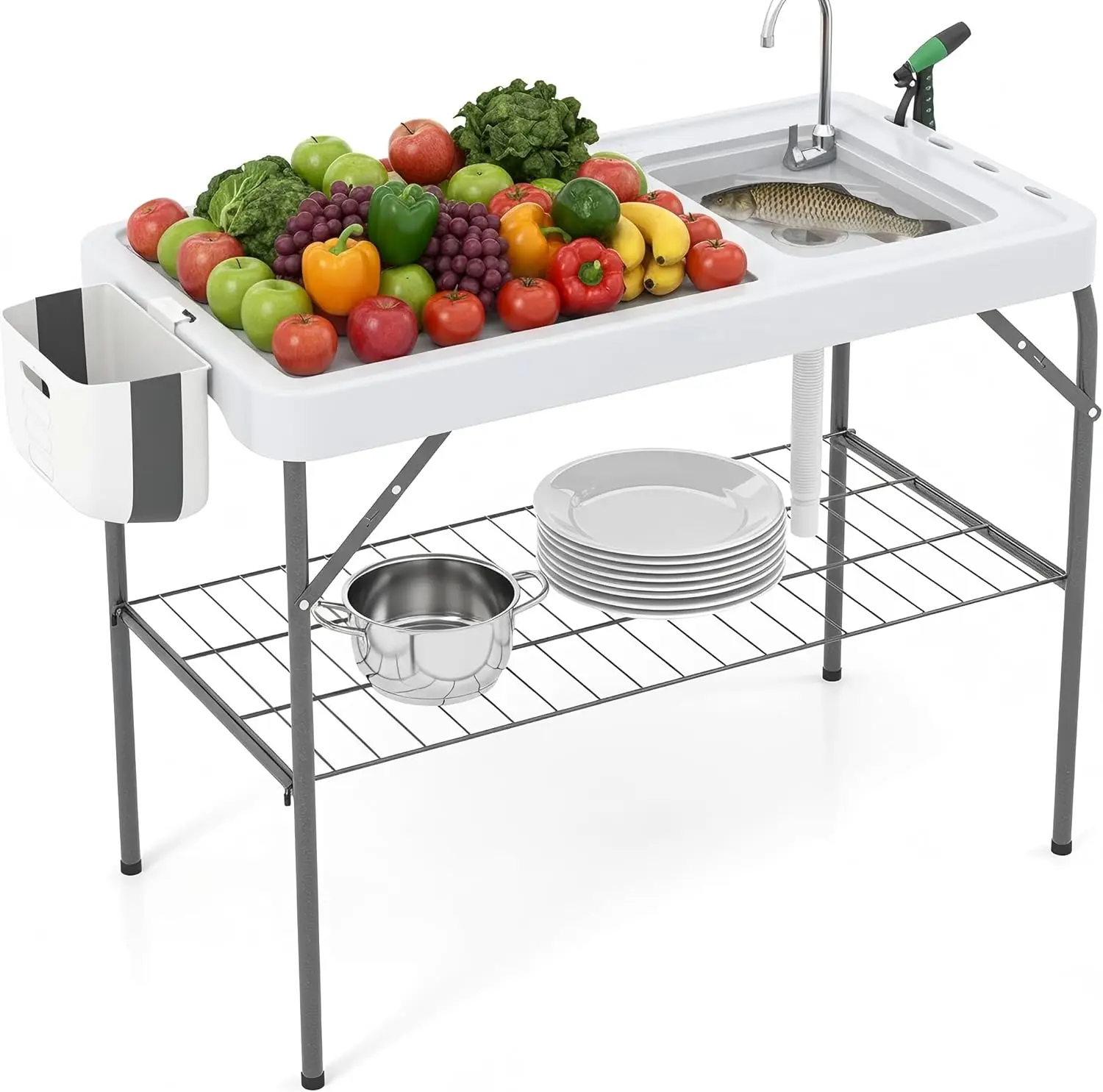 

Folding Fish Cleaning Table with Sink, Portable Outdoor Fillet Station Camping Sink Table with Faucet, Drainage Hose & Sprayer,