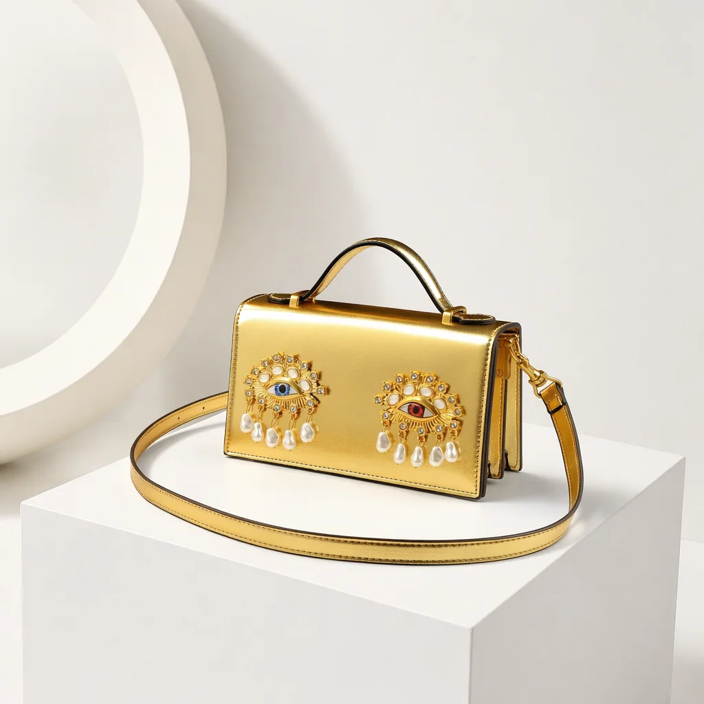Heavy-Industry Pearl-and-Diamond-Embellished Eye-Design PU Handbag Cover Fashionable Designer Bag Women Quality Supplier 21 cm