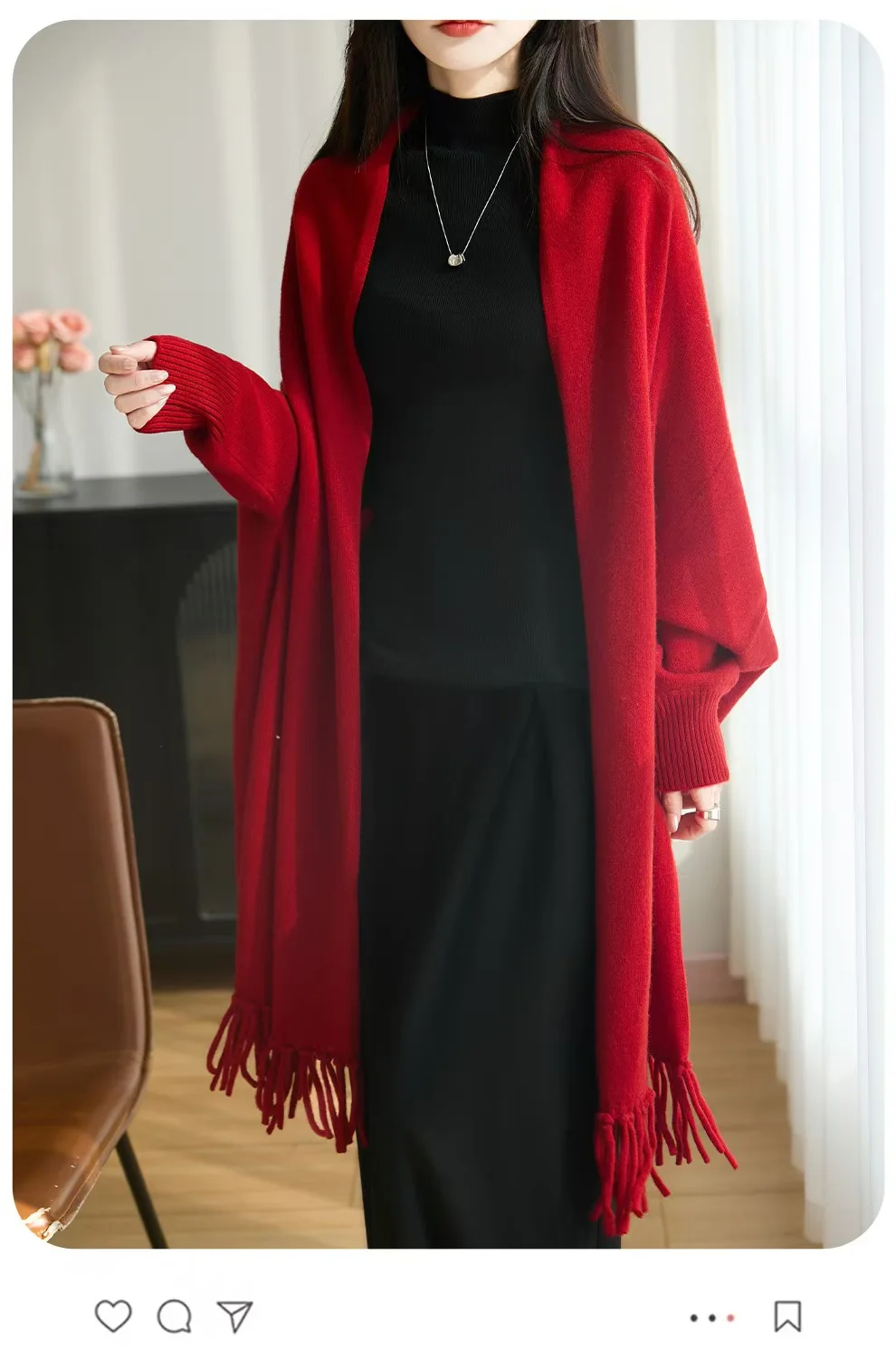 High-grade tassels 100% pure cashmere knitted shawl women's loose Joker cardigan