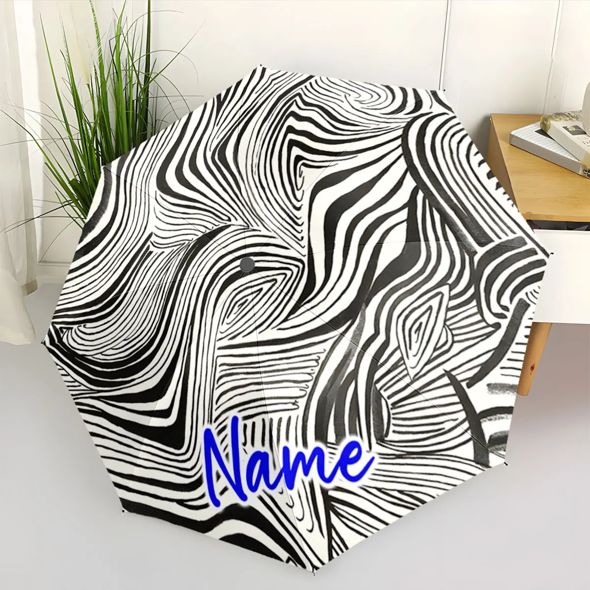 Custom Name Monochrome Umbrella with Artistic Stripes Design Print 8 Iron Ribs Folding Umbrella Auto-Open Fashion Sunshade