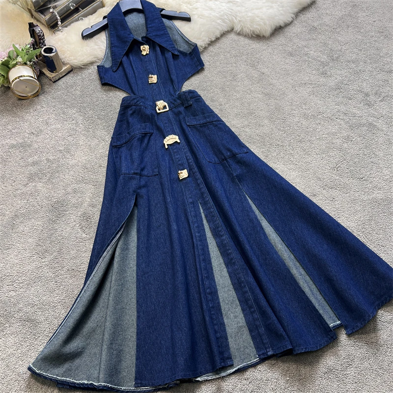 Amolapha Women Summer Retro Turn-down Collar Denim Dress Hollowed Out Split High Waist Jeans Skirts