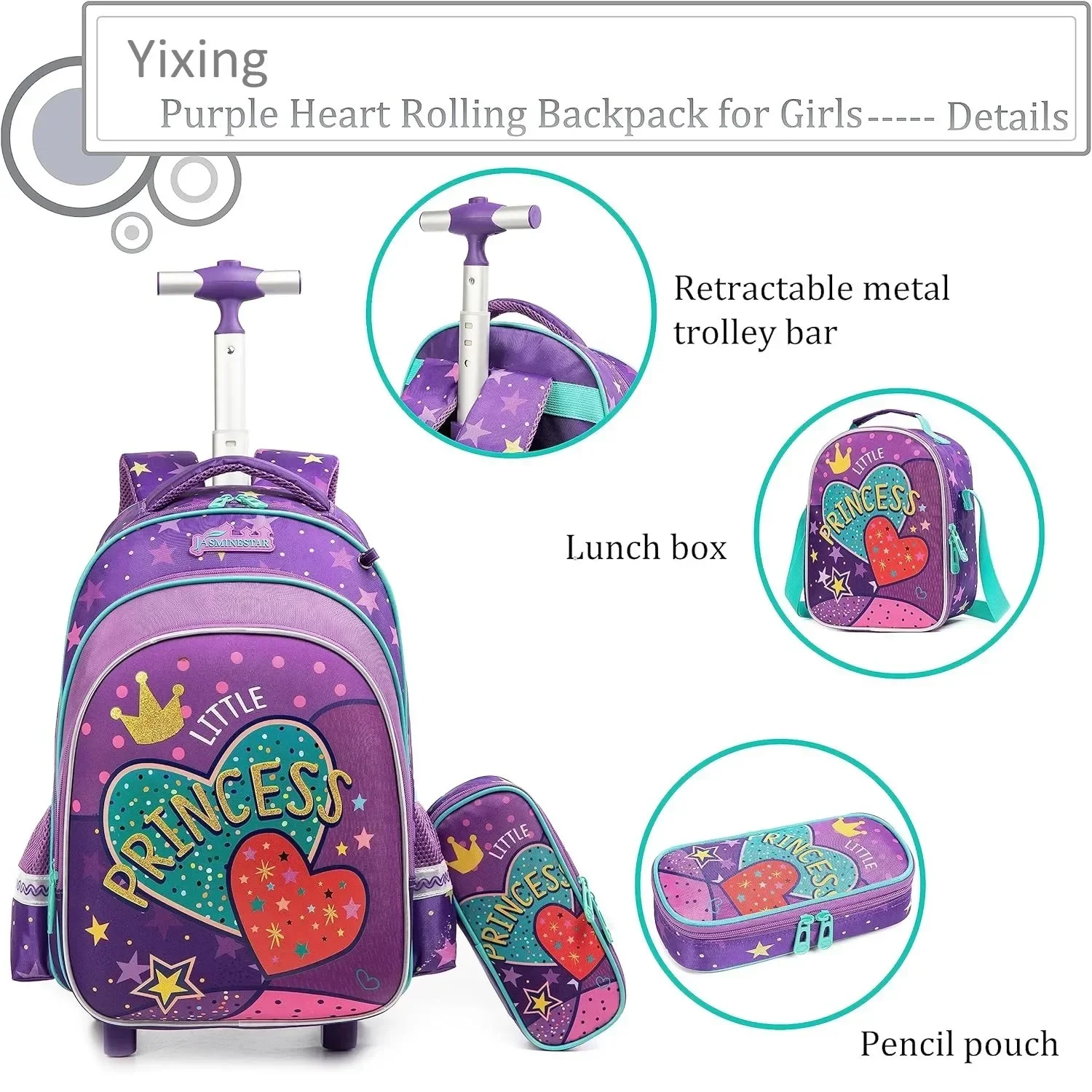 Mochila escolar infantil com rodas, bagagem de rolamento, conjunto de trolley bag, lancheira e estojo de lápis, meninos e meninas