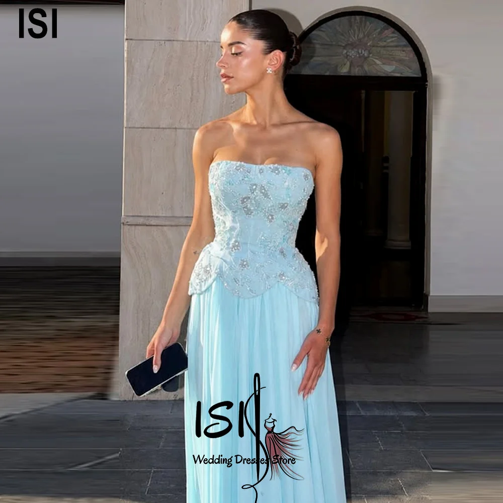 Vestido de Noche Elegante con Lentejuelas y Tul, Estilo A-Line, Personalizado por ISI, para Mujer, sin Tirantes, Largo hasta el Suelo, Vestidos de Fiesta