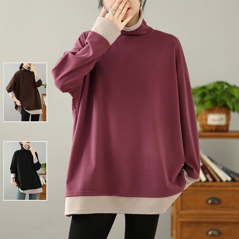 Laid-ba contrasterende kleur Blo hoge kraag sweatshirt grote maten Faionable halflange basis irt trendy top voor dames