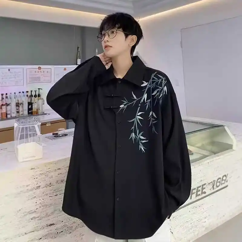 

New Chinese Sle Long Sve irt Men's Spring Autumn Bamboo Embroidery Tang Costume Hanfu Large Size Loose Casual Jaet