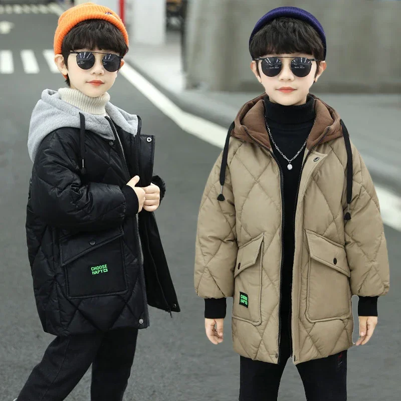 

2024 New Teen Boys Winter Coats Plus Velvet Warm Kids Jacket Fashion Zipper Hooded Child Outerwear Clothing 4 6 8 10 12 14 Years