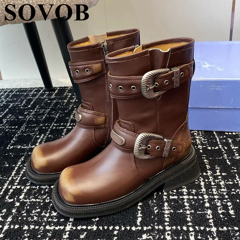 

Round Toe Genuine Leather Mid-calf Botas Women's Retro Style Belt Buckle Decor Short Boots Autumn Winter Punk Motorcycle Boots