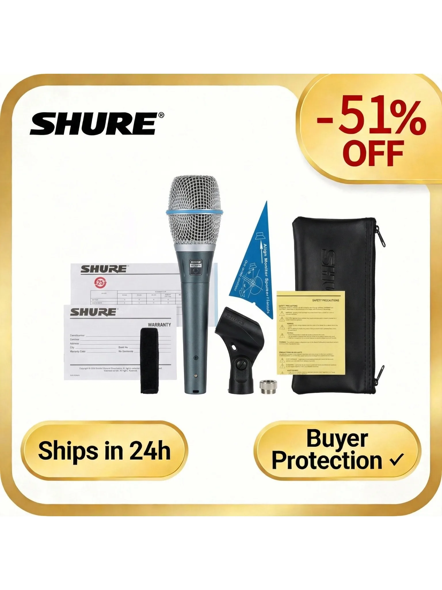 Microphone filaire dynamique supercardioïde professionnel Shure BETA 87A pour les spectacles sur scène, le karaoké, l'enregistrement BBOX 3