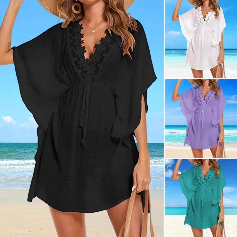 Women Summer Bikini Cover Up V-neck Lace Trim Half Sleeve Beach Dress Hawaii Swimsuit Waist Tight Flowy Swim Bikini Cover Up