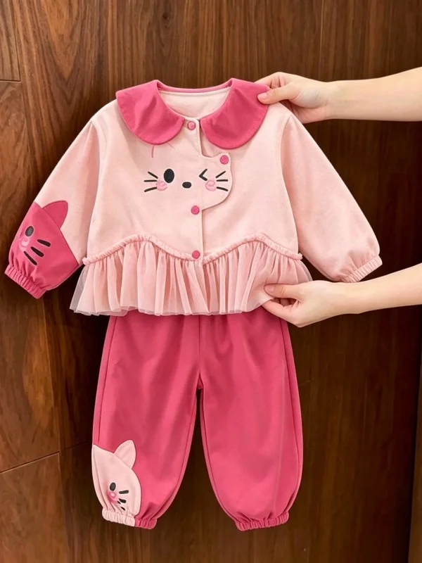 Girls Casual Two-Piece Set Floral Lace  Cartoon Collar Tulle Splicing Fashionable Spring Autumn Outfit Student School Uniform