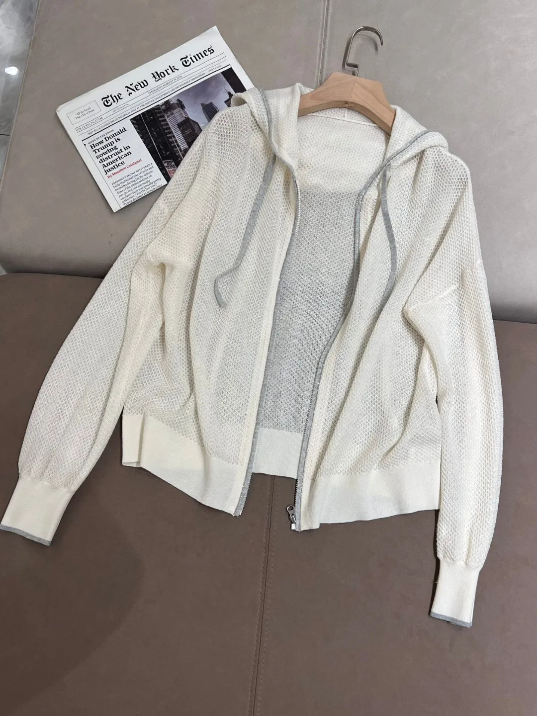 Casual silk linen knitted zipped up cardigan