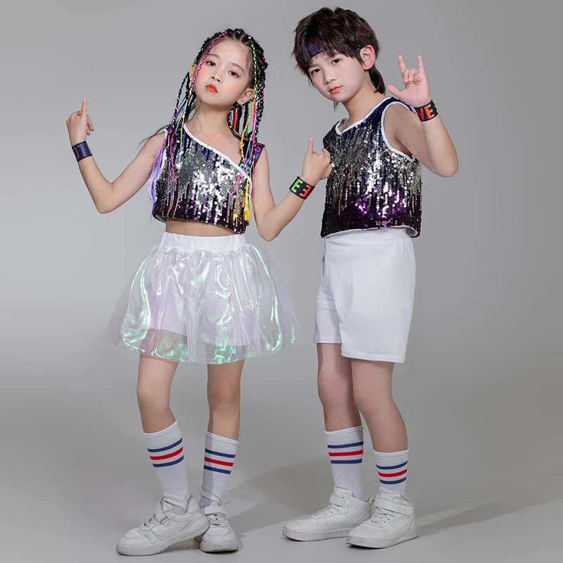 Children Cheerleading Uniform Performance Costumes Boy Girls Sequins Street Dance Hip Hop Clothing Kids Sequins Jazz Dance Suits