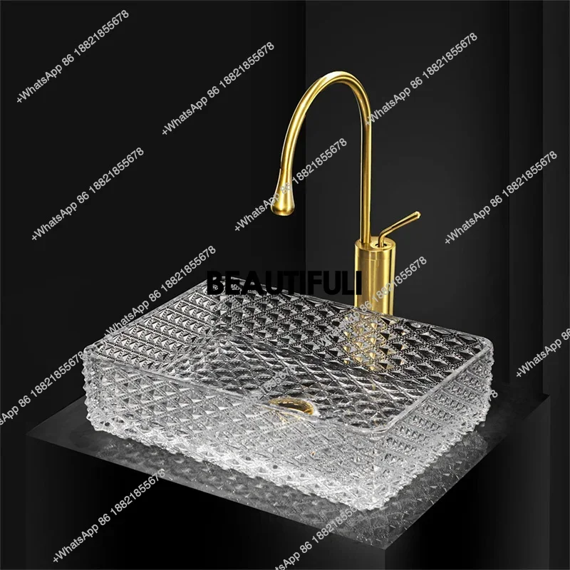 RR Basin Crystal Glass Art Tabletop Basin, Light Luxury, Transparent Die-cast Hotel Bathroom, Home Crystal Washbasin