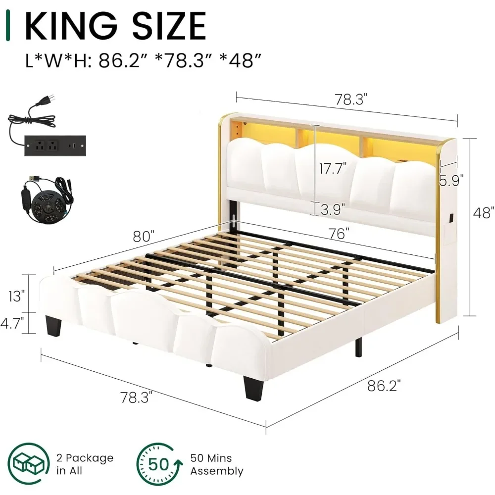 Kingsize bedframe met LED-verlichting en laadstation Fluweel gestoffeerd platformbedframe met opberghoofdeinde