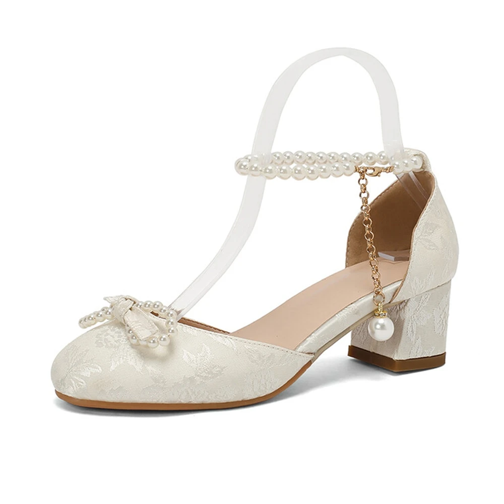 

Spring New Bow Mary Jane Pink High Heels Retro Round Head Dress Bridal Shoes Comfortable Formal Coarse Heels Women Shoes 87-13