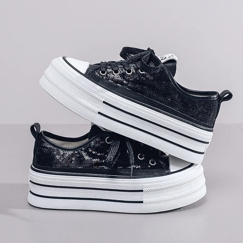 2024 New Women Sequins with Thick Bottom Canvas Shoes Spring/Summer Student Vulcanized Shoes Casual Running Sneakers
