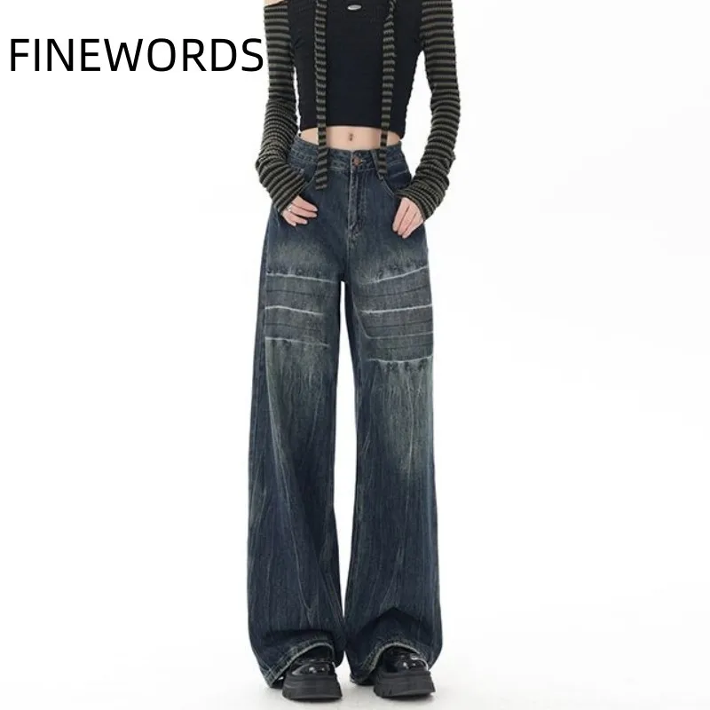 

FINEWORDS High Waist Washed Blue Jeans Women Korean Highstreet Jeans Streetwear Casual Retro Easymatch Punk Jeans