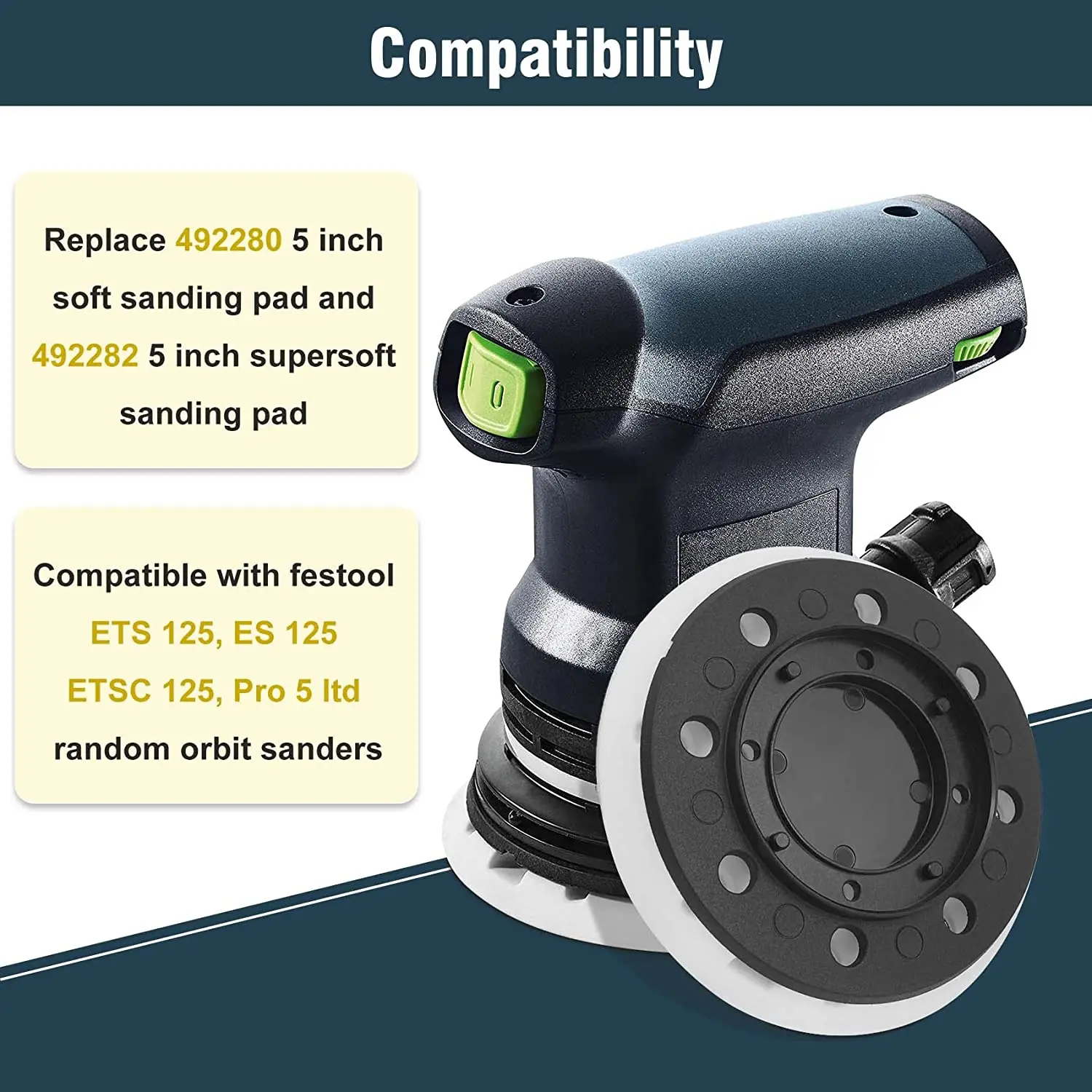 5 Inch 8 Hole Hard Sanding Pad Replacement Plate 125mm Hook and Loop for Festool 492280 ETS 125 EQ Random Orbit Sanders