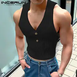 INCERUN Men Tank Tops Solid Color V Neck Sleeveless Knitted Summer Male Vests Streetwear 2024 Skinny Fashion Men Clothing S-3XL