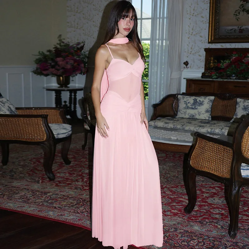 Ticketsx Abito con sciarpa trasparente Abito con bretelle Solido con scollo profondo increspato Patchwork Abito lungo sottile senza maniche Abiti da sera per feste senza schienale