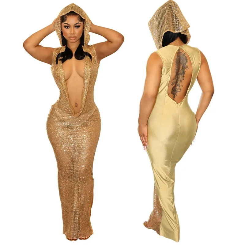 Dress Women's Seductive V-neck Patchwork Sheer Sequin Longline New Comfortable Minimalist Fashionable Niche Versatile Elegant