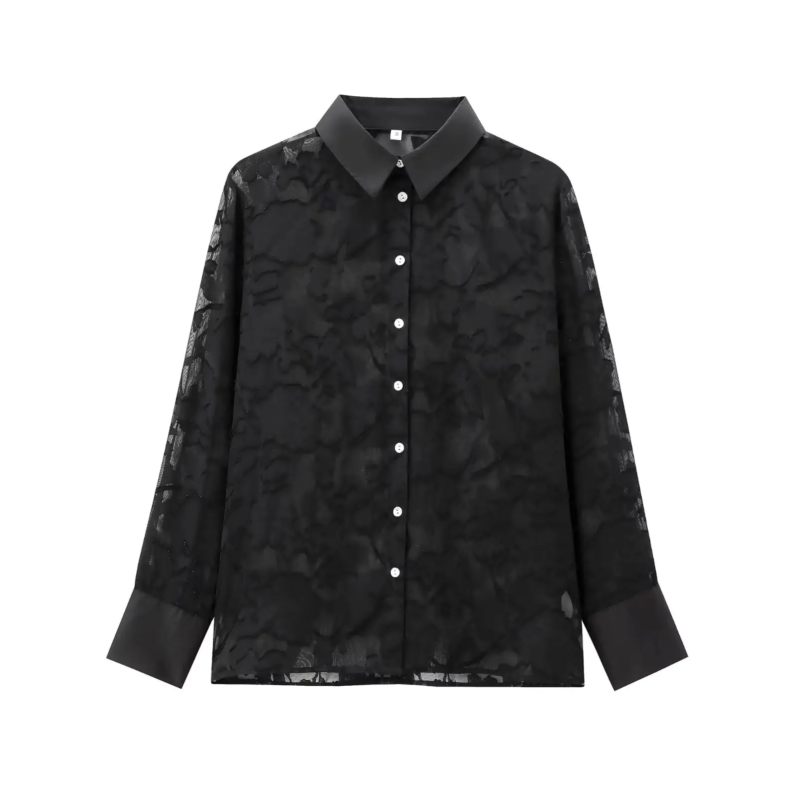 JNLEAOG Autumn New Women's Semi-Transparent Printed irt Flower Burning Print Polyester Fiber Long Sve Girls' irt