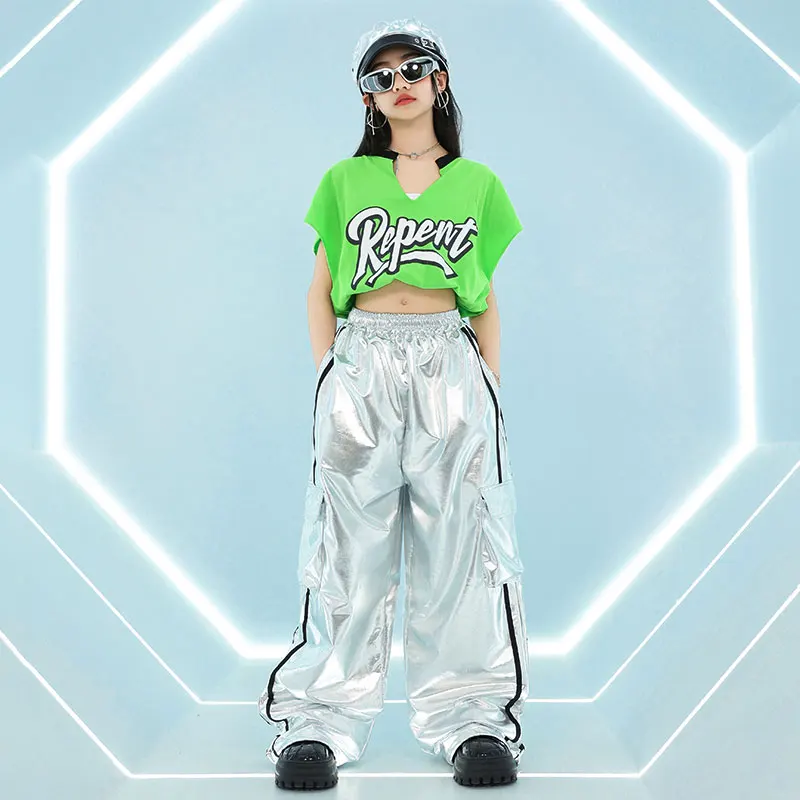Filles Hip Hop haut court brillant en cuir PU Cargo pantalon garçons T-shirt rue danse Joggers enfants Streetwear enfants Jazz vêtements ensembles