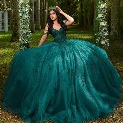 Glitter Emerald Green Ball Gown 15 Year Old Quinceanera Dresses Appliques Lace Girls Party Birthday Pageant Vestidos Ball Gowns