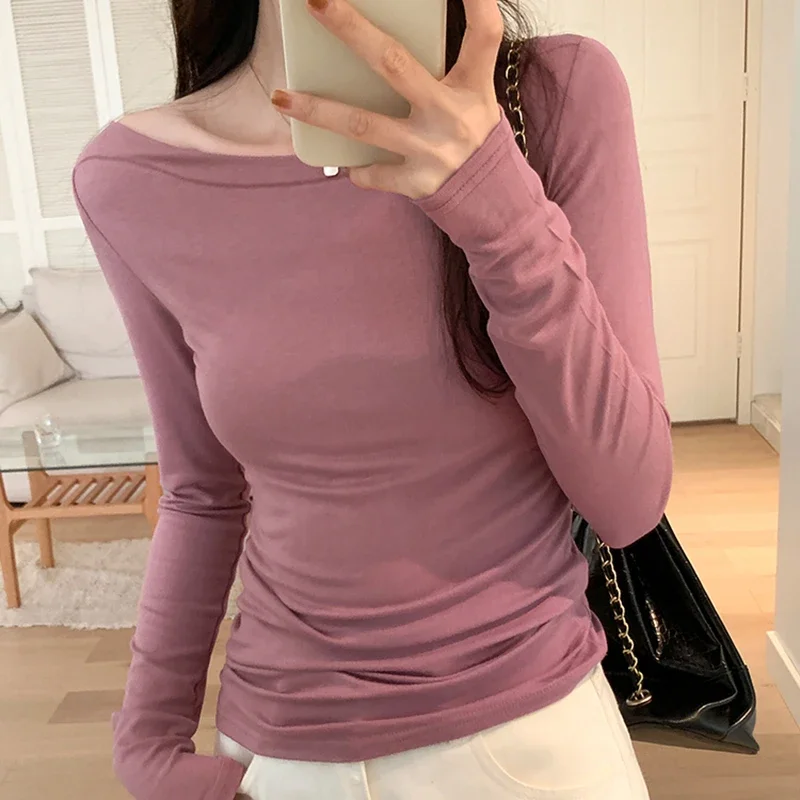 

Pink Sexy Off Shoulder Tops For Women T Shirt Long Sleeve Womens Clothing Autumn T-Shirts Female Korean Style Tees Shirt Femme