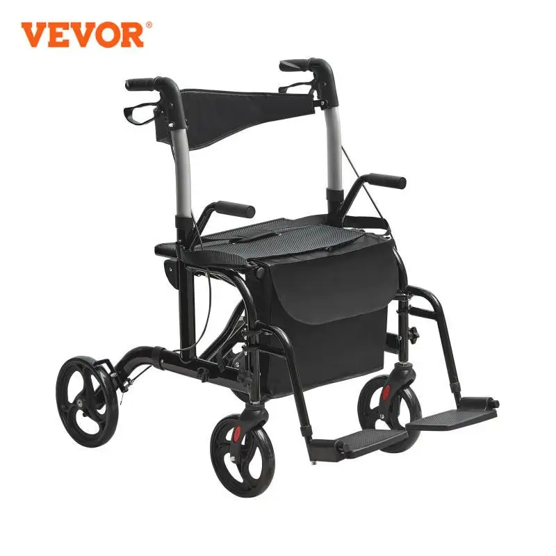 VEVOR 2 in 1 Rollator Walker & Transport Chair for Seniors Folding Rolling Walker Wheelchair Combo & Aluminum Mobility Walker