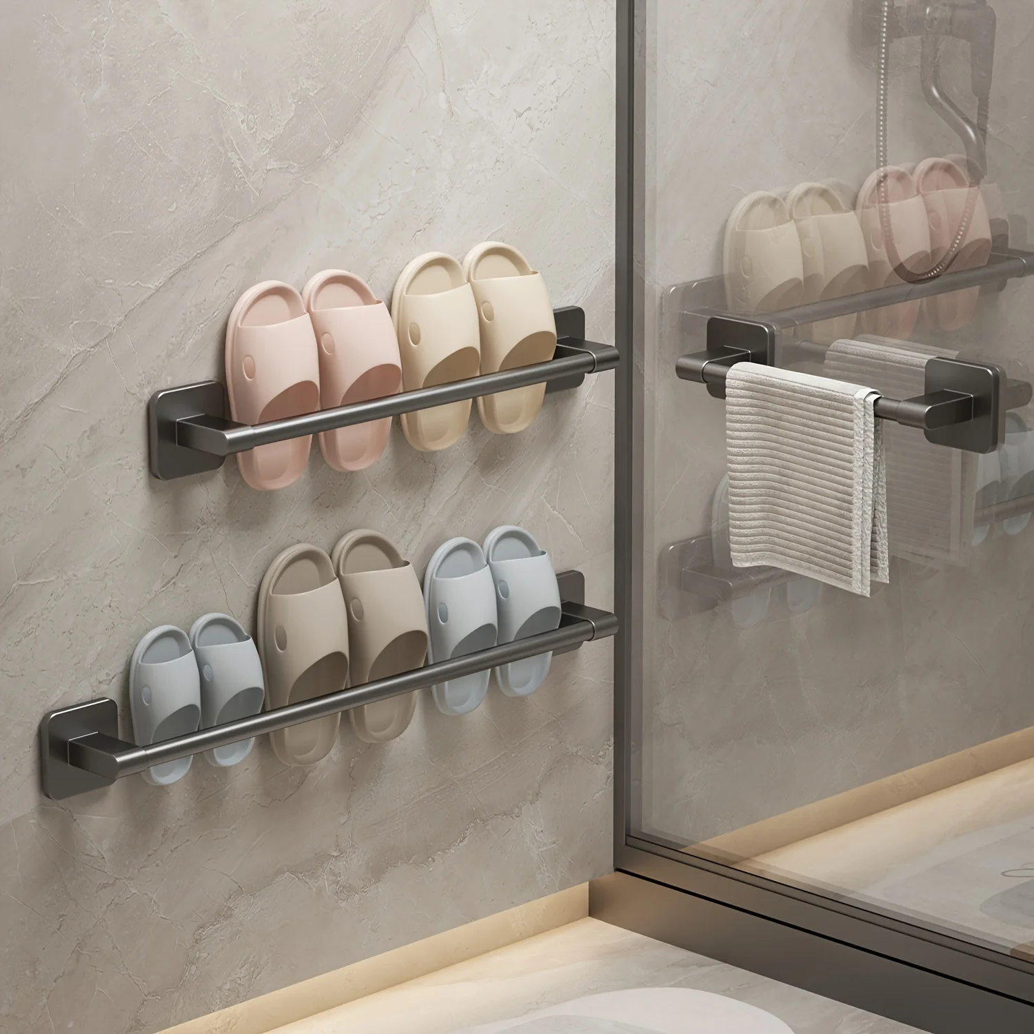 Bathroom slipper and towel rack, patch-type towel and slipper bar, space-saving shoe storage rack behind the door