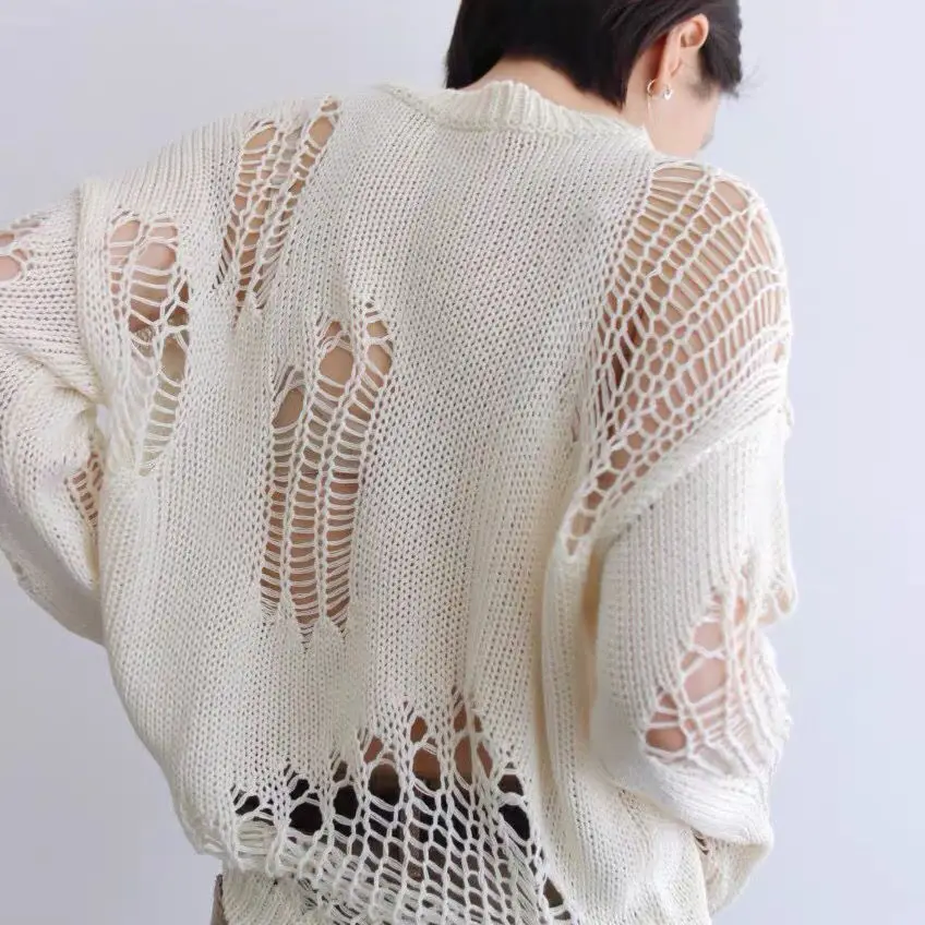Suéter Mujer otoño manga larga agujero suelto fino tejido diseño de moda pulóver sólido ahueca hacia fuera Harajuku Mujer Chandails Retro