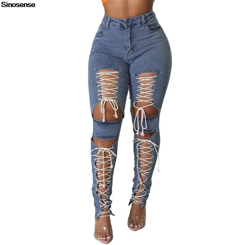 Women's Lace Up Skinny Jeans Stretch Distressed Destroyed Denim Pants Sexy Daily Date Street Going Out Night Club Party Jeans