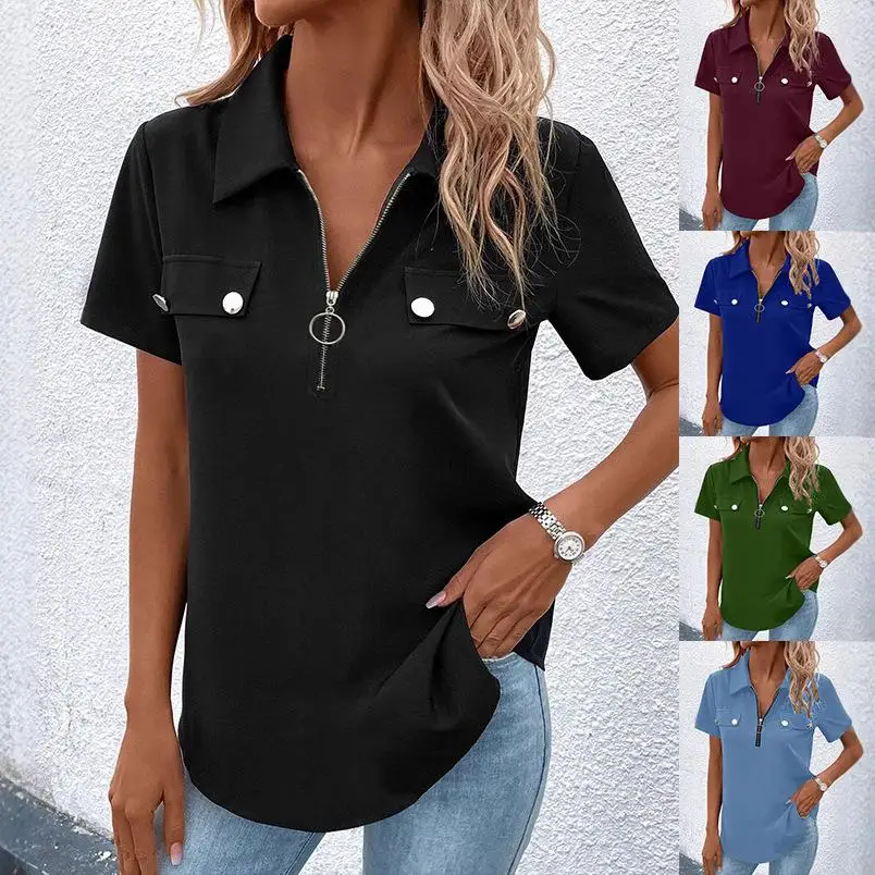 

Women's Zipper Shirt Top T-shirt Lightweight Short Sleeve Polyester Fiber Casual Fashion Basic Color Available