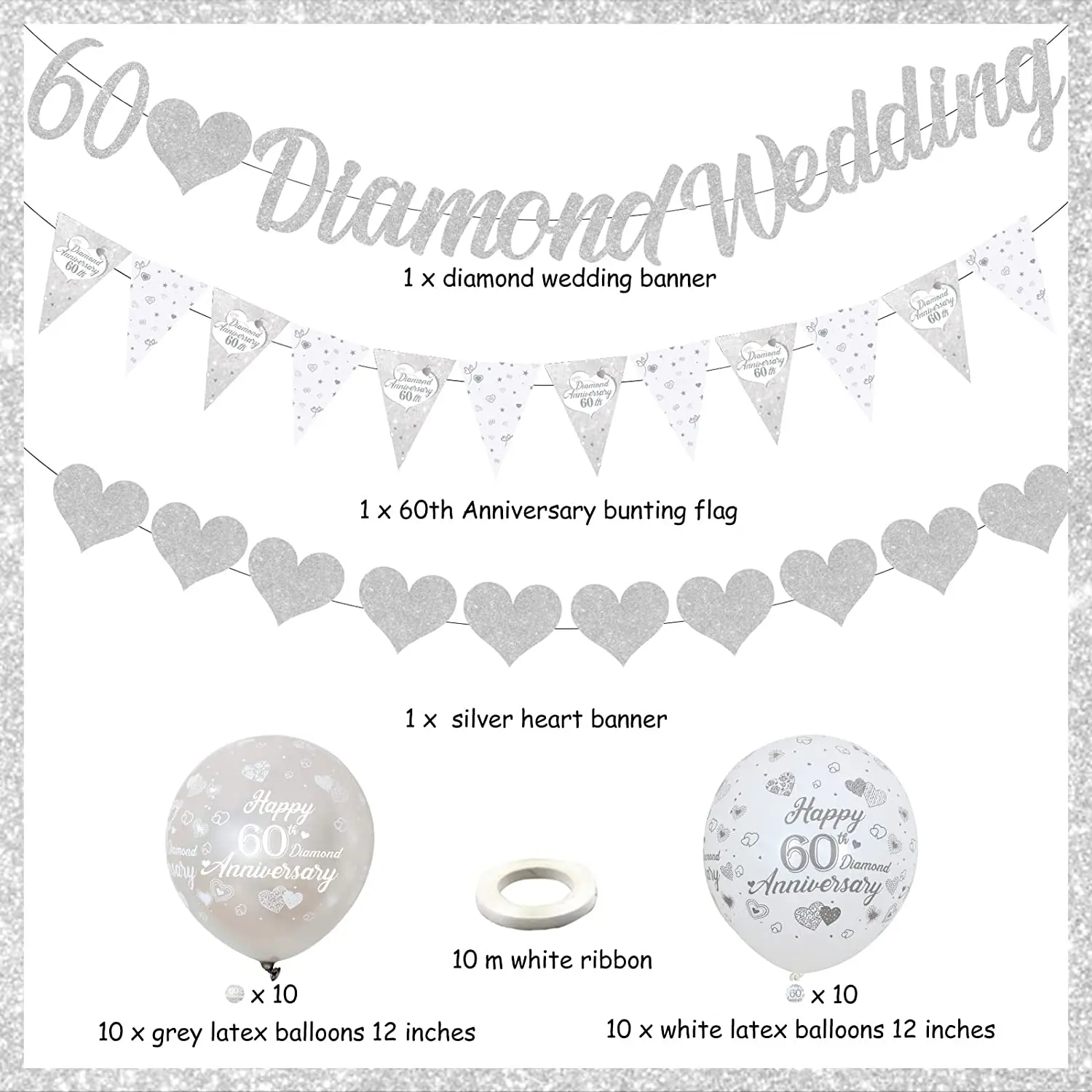 Diamond Wedding Glitter Banners, Bunting Flag and Balloons, 60th Anniversary Decorations, Party Supplies