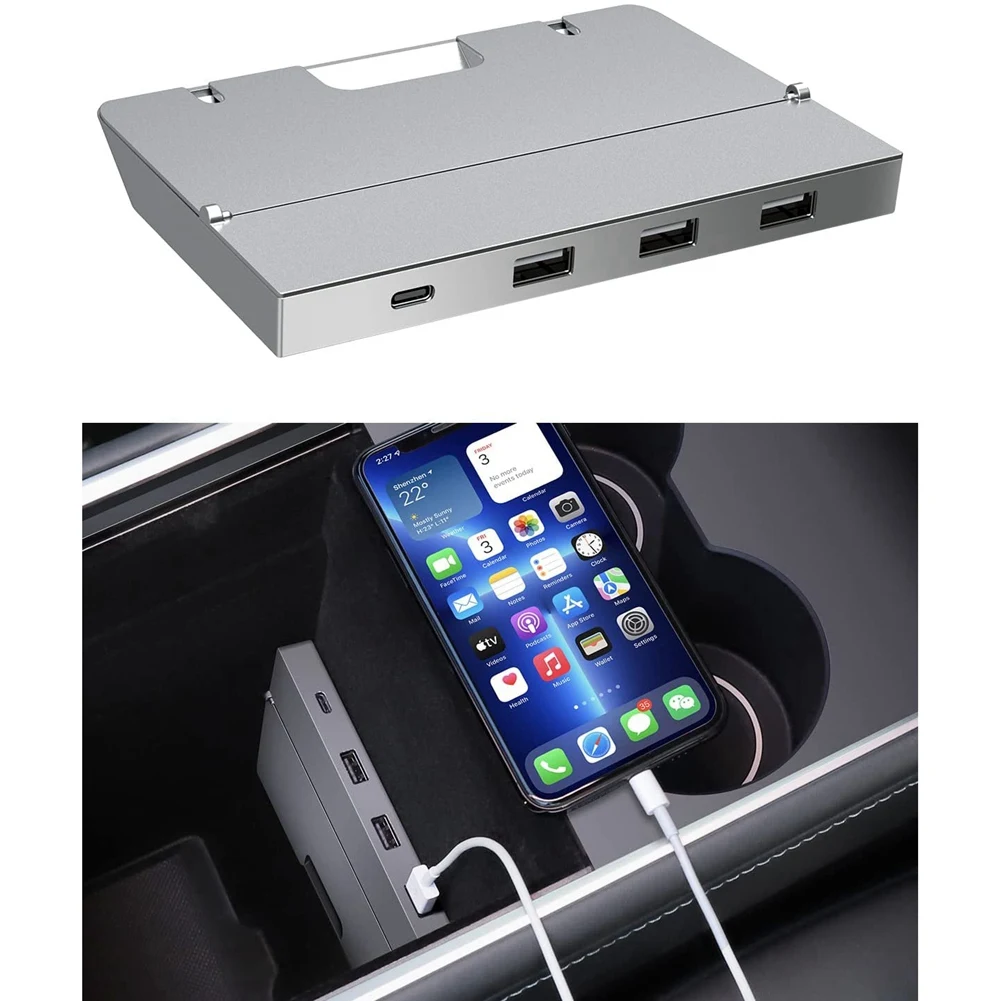 For Tesla Model 3 / Y 45W Quick Charger Docking Station 7 Ports Type C USB Shunt Hub Adapter Car Interior Accessories