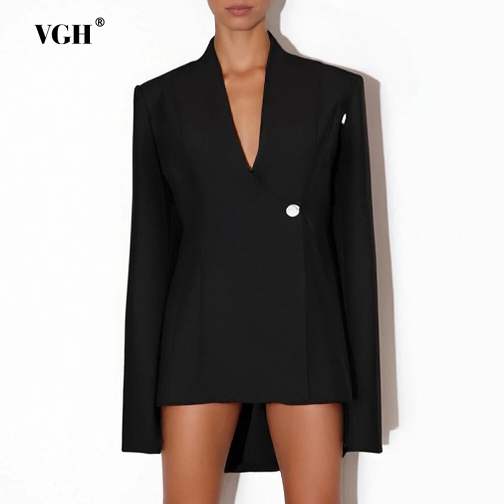 

VGH Solid Designer Spliced Button Solid Blazers For Women V Neck Long Sleeve Autumn Party Temperament Jackets Female Fashion New